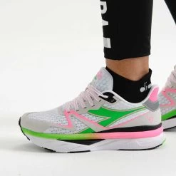 Diadora Women's Atomo V7000 Running Shoe - White/Green Fluo/Pink Fluo -Shoe Zone Shop 101.179068 D0250 CV