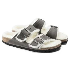 Birkenstock Arizona Shearling Sandals - Iron Natural- Medium/Narrow -Shoe Zone Shop 1021067 pair