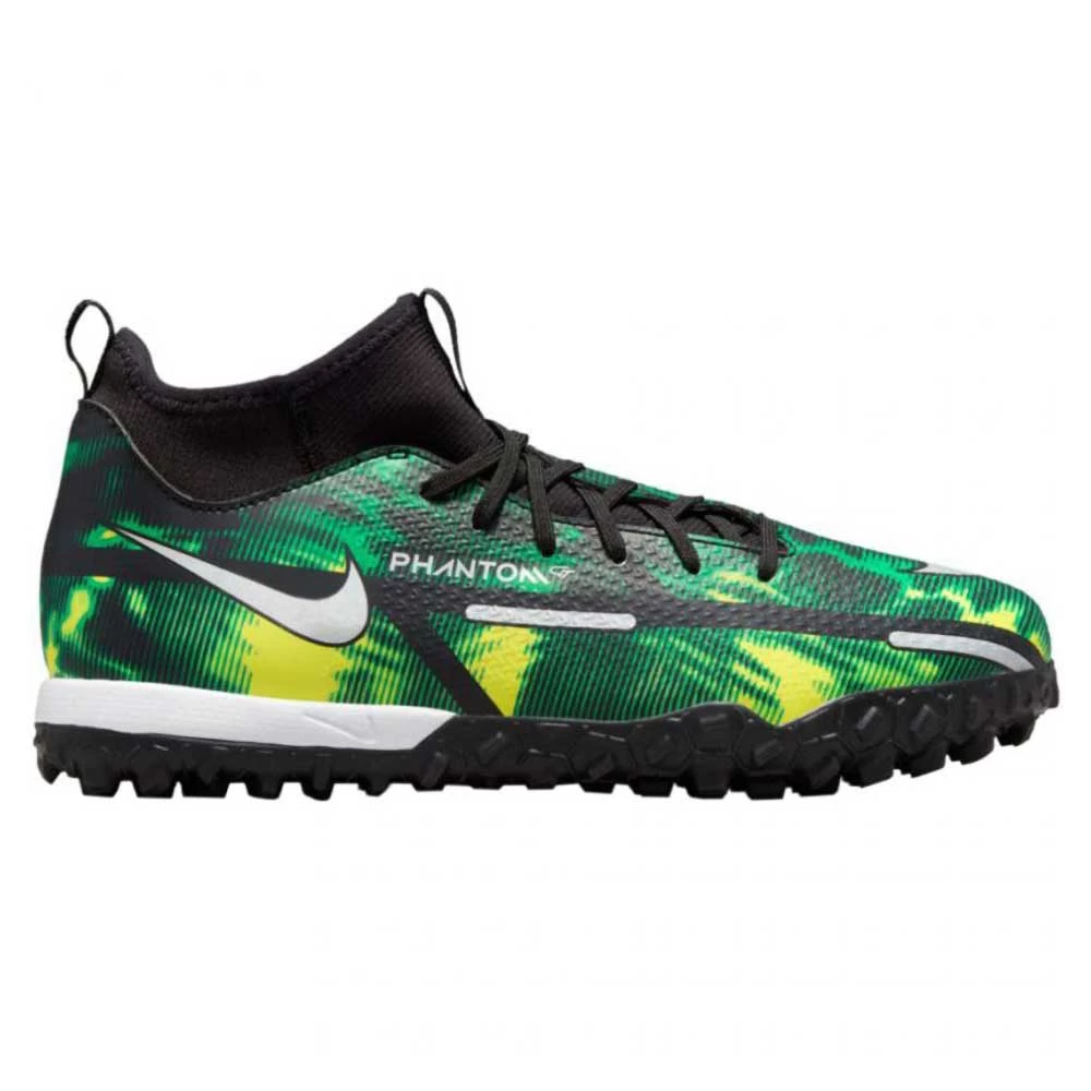 Nike JR Phantom GT2 DF SW TF Soccer Shoe - Black/Mtlc Platinum/Green Strike 3 Nike JR Phantom GT2 DF SW TF Soccer Shoe - Black/Mtlc Platinum/Green Strike